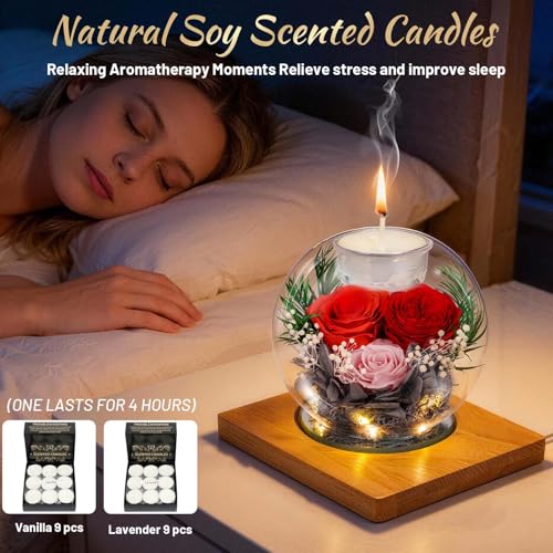 ENERLEAF Colorful Preserved Real Rose in Glass with Scented Candles – Forever Flower Gift