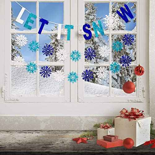Outus 3 Pieces Let It Snow Banner, Glitter Winter Snowflake Garland Banner, Snowflake Hanging Ornaments for Christmas Holiday Party Decorations New Year Festive Party Supplies (Blue,White)
