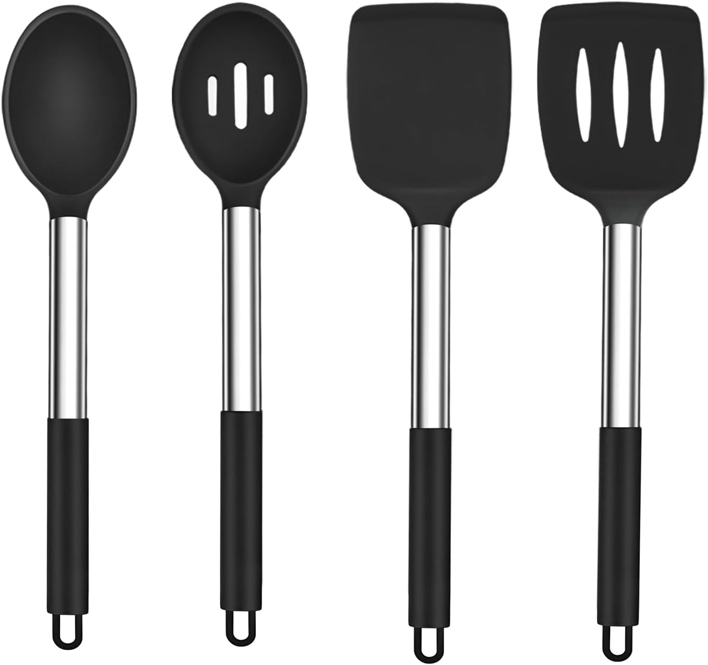 TeamFar Silicone Cooking Utensils Set - 4 PCS Heat-Proof Non-Stick Spatula & Spoon Set with Stainless Steel Handle - Black