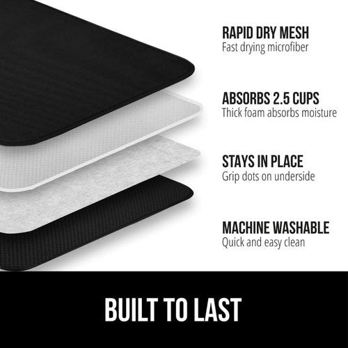 GORILLA GRIP Ultra Microfiber Dish Drying Mat - Quick Dry, Slip Resistant, 18x16 Inch, Black