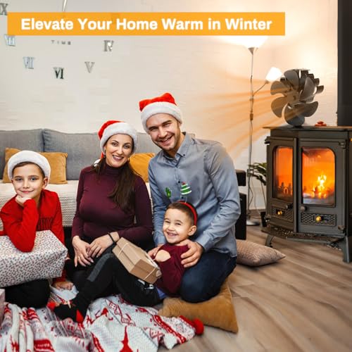 Large Heat Powered Wood Stove Fan for Fireplace & Log Burner - Silent, Thermo-Operated, Aluminum Blade, with Thermometer