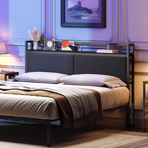 YATINEY Black Queen Upholstered Headboard with Storage & Charging Station, Adjustable