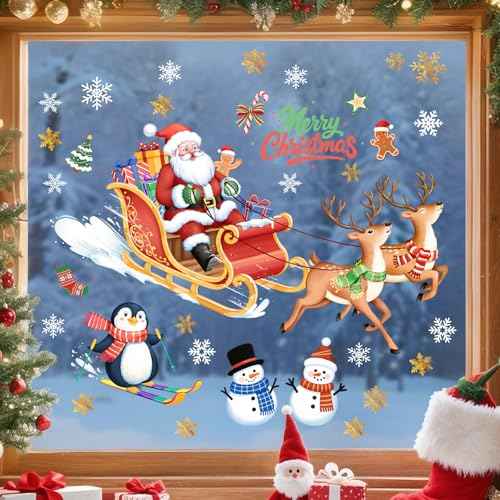 Christmas Window Clings Decoration, Santa Sleigh Reindeer Snowman Reusable No Glue Stickers Xmas Decals Christmas Decorations for Window Glass Party Supplies