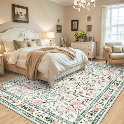 PLHXFR 8x10 Green Beige Floral Washable Area Rug for Living Room