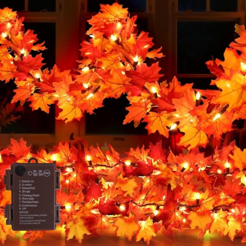 2 Pack 12Ft 50 LED Fall Garland with Lights,8 Modes Waterproof