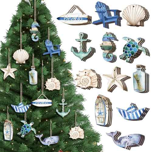 Maitys 36 Pcs Beach Christmas Wooden Ornaments Ocean Xmas Tree Decorations Coastal Nautical Seaside Wood Cutouts Navigation Hanging Ornaments Xmas Decorations for Home Tree Small Crafts(Beach Sea)