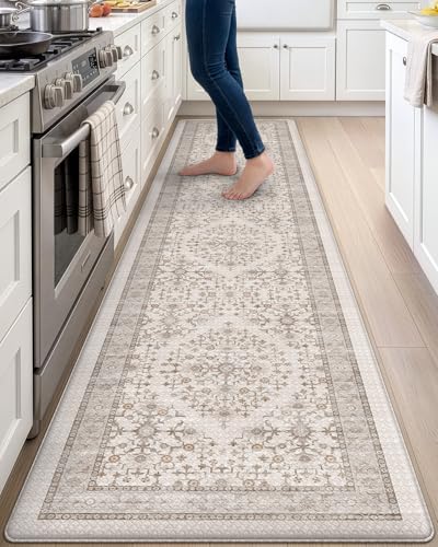Anti Fatigue Kitchen Floor Mat 24x107 Long Cushioned Runner Rug Beige/White