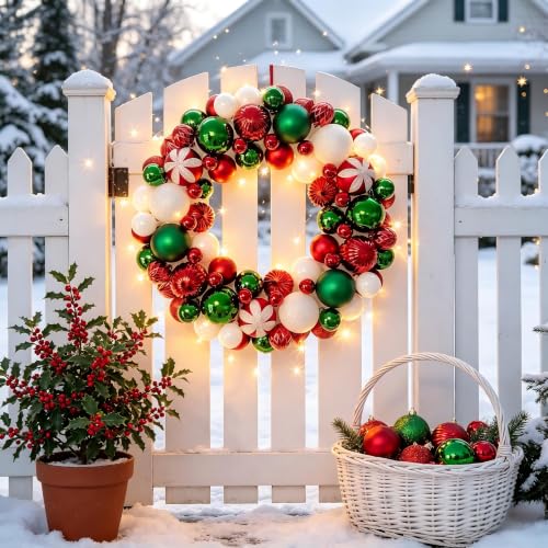 HipTree 13.8in Christmas Wreath with Lights - Red Green White Variation