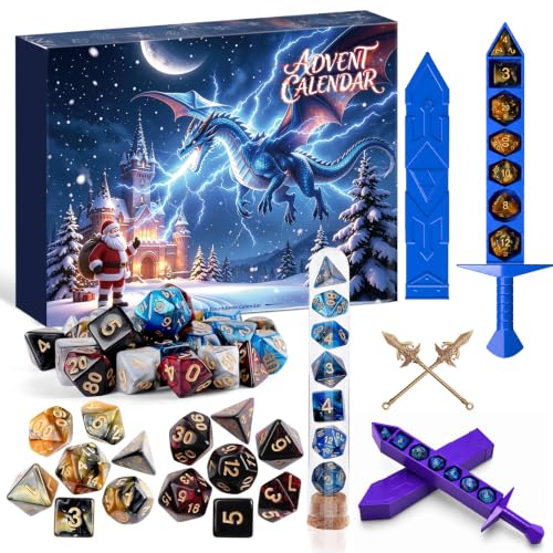 Axxdewow D&D Dice Advent Calendar 2026 with 28 Polyhedral Dice & Sword Storage Cases