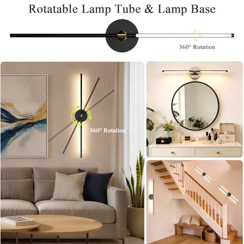iThird Black Wireless Rechargeable Wall Sconce Set of 2 - 10,000mAh, 31.5 Inch, Dimmable & 360° Rotatable, Touch & Remote Control for Bedroom Living Room Hallway