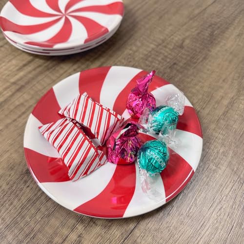 UP Classic Peppermint Candy Melamine Dessert Plates - Set of 4, 6.75 Inch Christmas Tableware