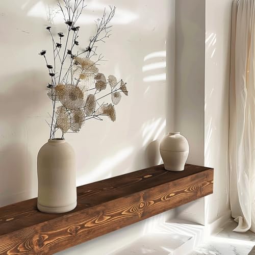 48 Inch Fireplace Mantel Shelf - 5 Inch Thick Pine Wood Floating Wall Shelf - Brown, Hollow, 48x5x8