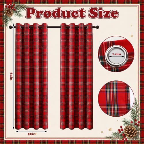 HunnmingRe Red Christmas Tartan Plaid Curtains 52 x 84 Inches – Holiday Window Drapes