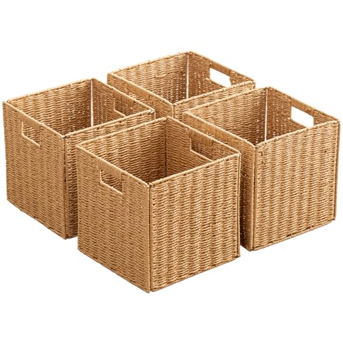 Set of 4 Foldable Storage Baskets with Handles - 11 x 11 x 11 Inches Natural Paper Rope Woven Cubes