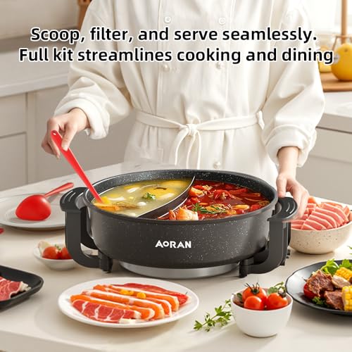 AORAN 6.4 Quart Electric Hot Pot with Divider, Non-Stick Smokeless Cooking Set