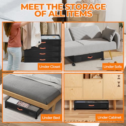 Ashwanth Under Bed Storage with Wheels 4 Pack - Black, Adjustable & Dustproof