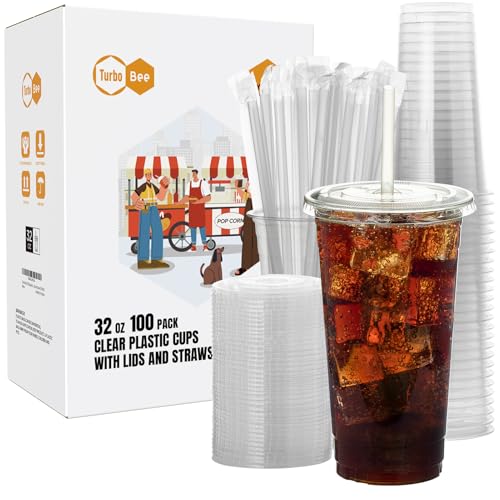 Turbo Bee 100 Pack 32 OZ Clear Plastic Cups with Lids & Straws for Cold Drinks