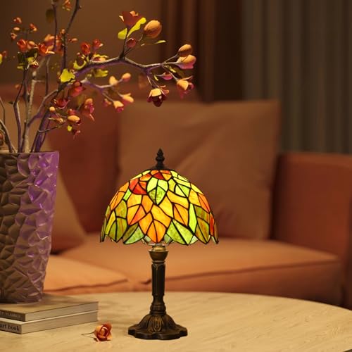 Maple Leaves Tiffany Table Lamp 3-Way Color Temperature Nightstand Light - 9x9x15 Inch