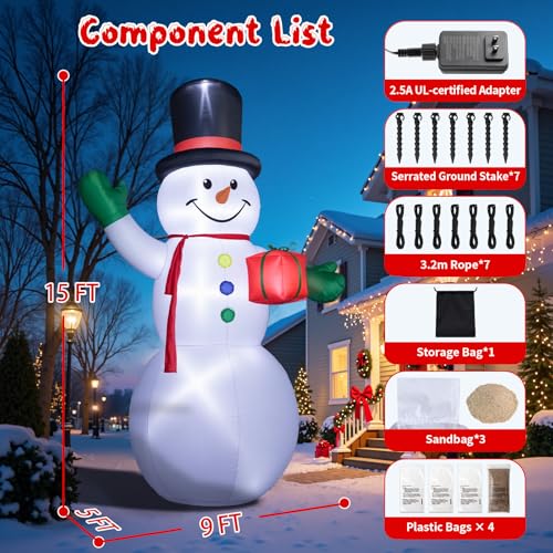 Dawdix 15FT Inflatable Snowman Christmas Yard Decor with LED Lights & Hat