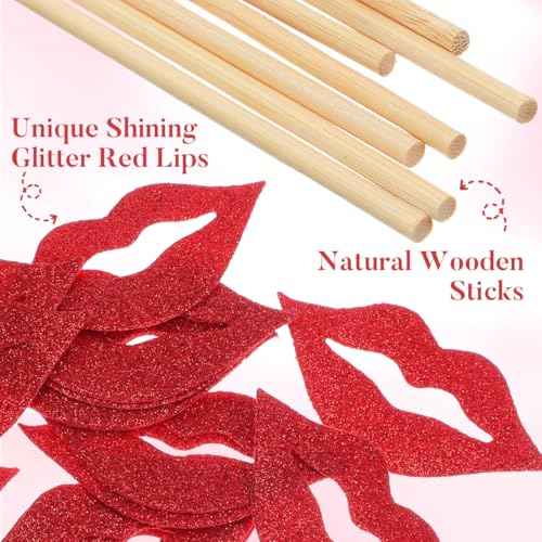 Amosfun 20pcs Red Lips Photo Booth Props Tea Party Decorations Glitter Photo Props for Wedding Anniversary Birthday Party Cake Decoration