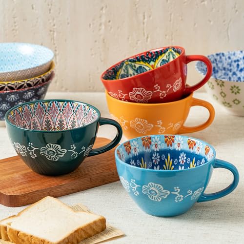 Noevany Boho 4-Piece Ceramic Coffee Mug Set with Spoons - Blue, Green, Red, Orange, 15 oz/450ml, Dishwasher & Microwave Safe