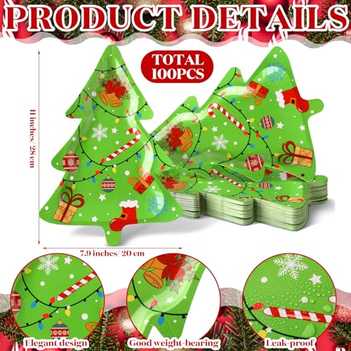 Suttmin 100 Pcs Christmas Tree Paper Plates 11x7.9in with Bells – Disposable Holiday Dinnerware (Bell Variant)