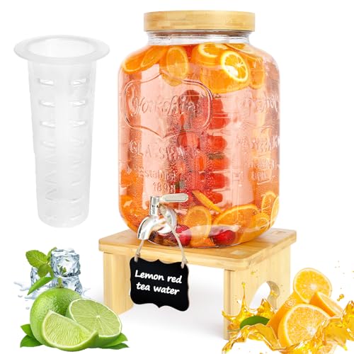 2 Gallon Glass Beverage Dispenser with Wood Stand & Stainless Steel Spigot