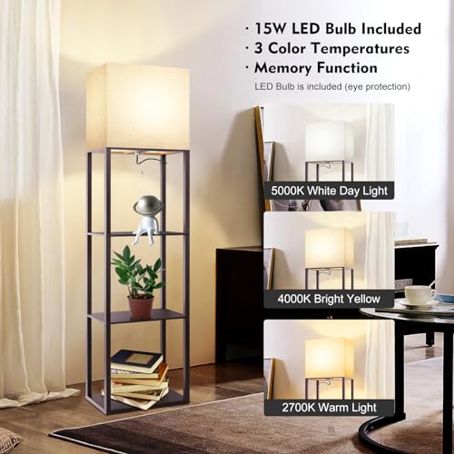 RUNTOP Plus Walnut Floor Lamp with Shelves, 15W LED, 3 Color Temp, Memory Function