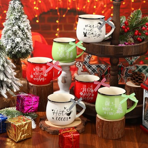 12oz Christmas Mugs Set - 12 Ceramic Coffee Cups in Red, Green & White