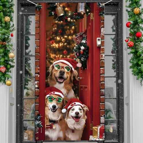 Christmas Door Cover Cute Santa Dogs Front Door Covers Decoration 71x36 Inch, Merry Christmas Banner for Holiday Parties, Winter Xmas Decor with Fabric, Festive Backdrop for Home & Office