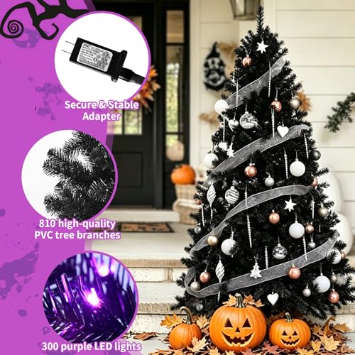 Facdiwok Full Black 6ft Artificial Halloween Christmas Tree with Purple LED Lights