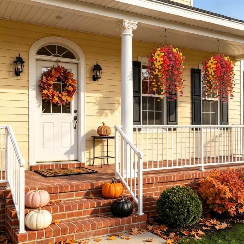 Artificial Fall Outdoor Flower Plant with Hanging Basket - UV Resistant, Brown Orange Yellow