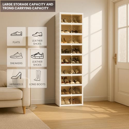 White 9-Layer Foldable Shoe Organizer Storage Box with Magnetic Clear Door