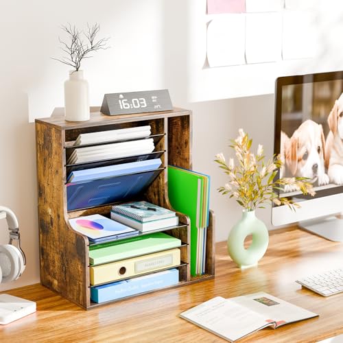 Simple Trending 7-Tier Wooden Desk File Organizer with Side File Holder - Rustic Brown