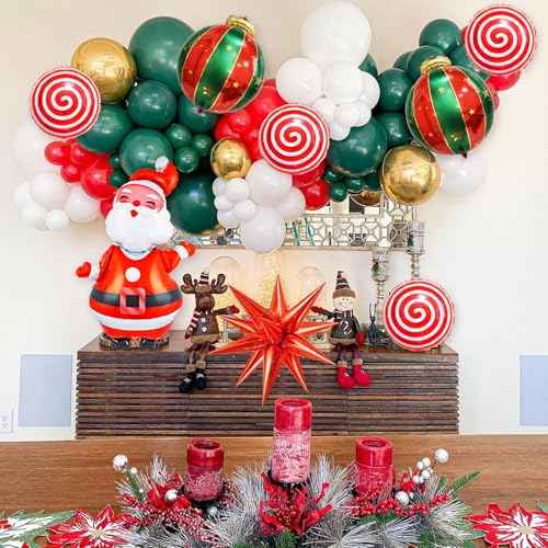 158PCS Christmas Balloon Arch Kit Xmas Party Balloons with Red Green White Golden Balloons Xmas Decoration Foil Balloons