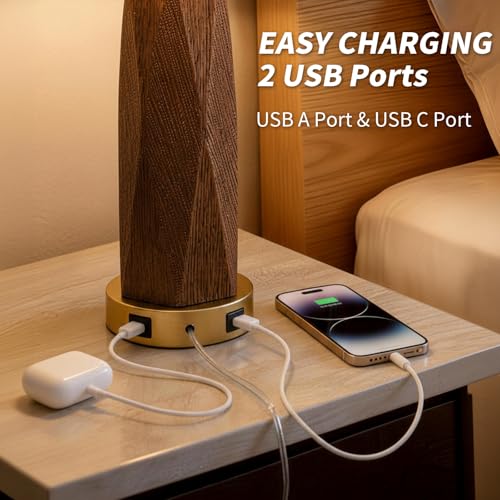 27.5 Inch Wooden Grain Table Lamps Set of 2 with USB Charging Ports - Rustic Resin Bedside Lamps with Linen Shade & Rotary Switch - Tall Nightstand Lighting for Bedroom & Living Room