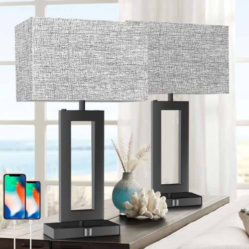 MoMyofdy 22’’ Gray Daylight Touch Control Table Lamp Set of 2 with USB Ports, Dimmable Bedside Lamps for Bedroom & Living Room