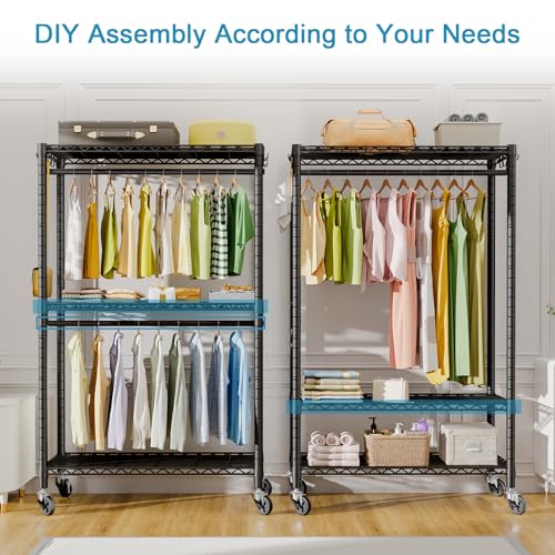 FUTASSI P3 Black Rolling Clothes Rack with Adjustable Shelves & Heavy Duty Capacity