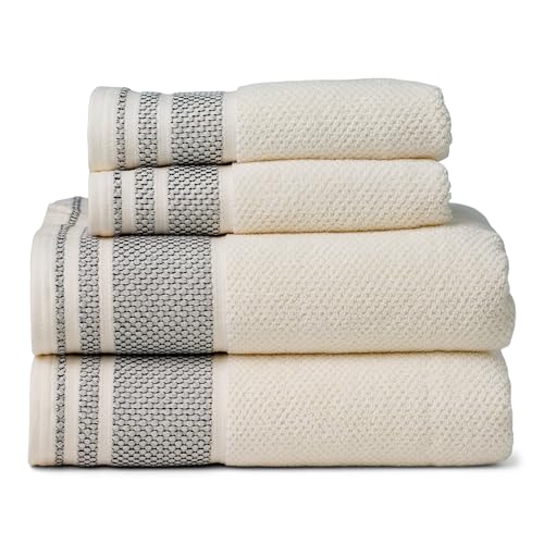 Luxury Organic Cotton Bath Towel Set 700 GSM Rice Weave Jacquard - 2 Bath & 2 Hand Towels, Cream