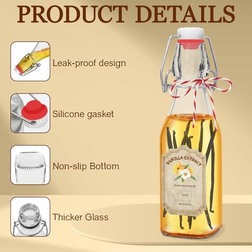 NVioAsport Square 8oz Glass Vanilla Extract Bottles 10 Pack with Lids & Funnel