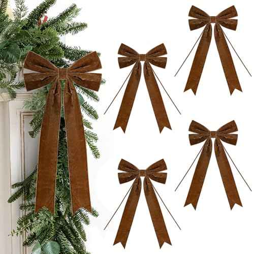 4Pcs Velvet Ribbon Bows 7.9 x 12.6 Inch Large Christmas Tree Bow with Long Tail for Gift Wrapping, Wreath, Garland, Fireplace,Staircase, Door, Window, Wedding Home Decoration (4, Brown)
