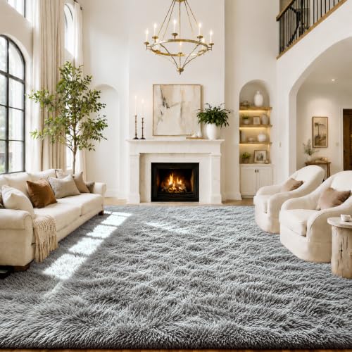 Light Grey 8x10 Shaggy Area Rug for Living Room - Soft Plush Furry Rug