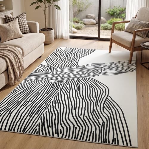 Modern Lines Beige 5x7Ft Abstract Washable Rug - Non-Slip Area Rug for Living Room Bedroom Nursery