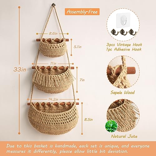 Jute 3-Tier Hanging Fruit Basket Organizer - Handmade Kitchen Storage