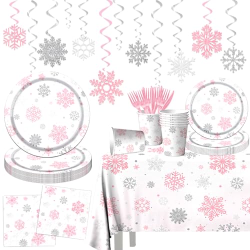Pink Snowflake Winter Wonderland Disposable Party Tableware Set 142pcs