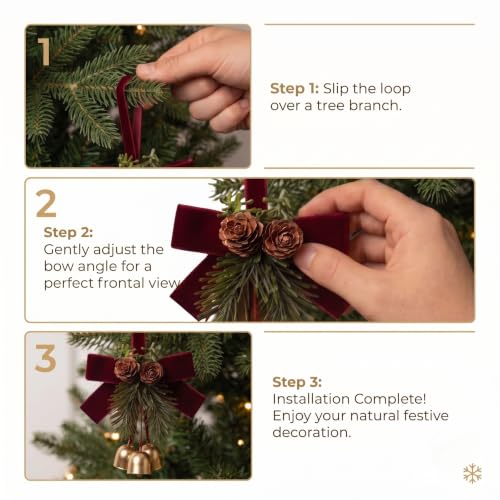 4 Pack Christmas Bow Ornaments with Jingle Bells, Pine Cone Hanging
