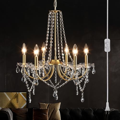 6-Light Gold Crystal Plug-In Chandelier with Long Cord - Modern Pendant Light for Dining Room Bedroom Living Room