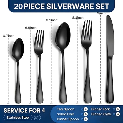 SIAKA 20-Piece Black Stainless Steel Flatware Set for 4 – Service for Four