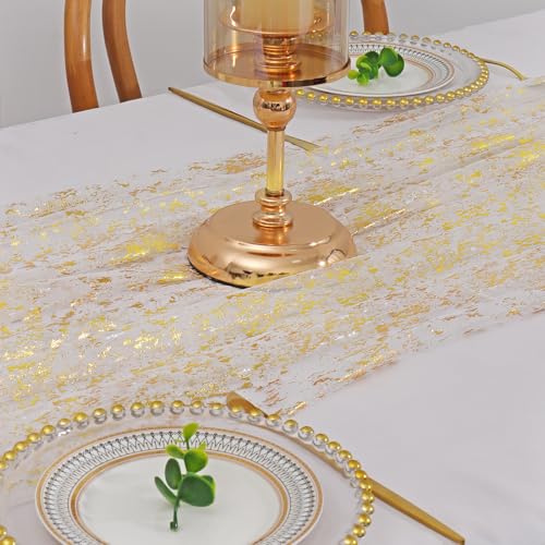 LOMOHOO Gold Gauze Table Runner 10ft - 4pc Glitter Sequin Sheer Runner, 28x120 inches, option: 4 Gold