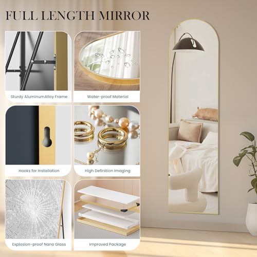 Full Length Arched Floor Mirror - 59x16 inches, Gold Frame